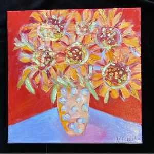 Sunflowers in Vase onScarletOriginal Acrylic Mixed MediaPainting 12”x12”